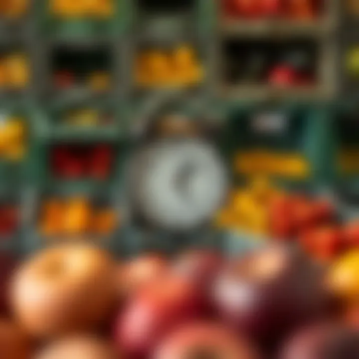 Clock showing different times against backdrop of fruit and vegetable crates representing varying trading hours