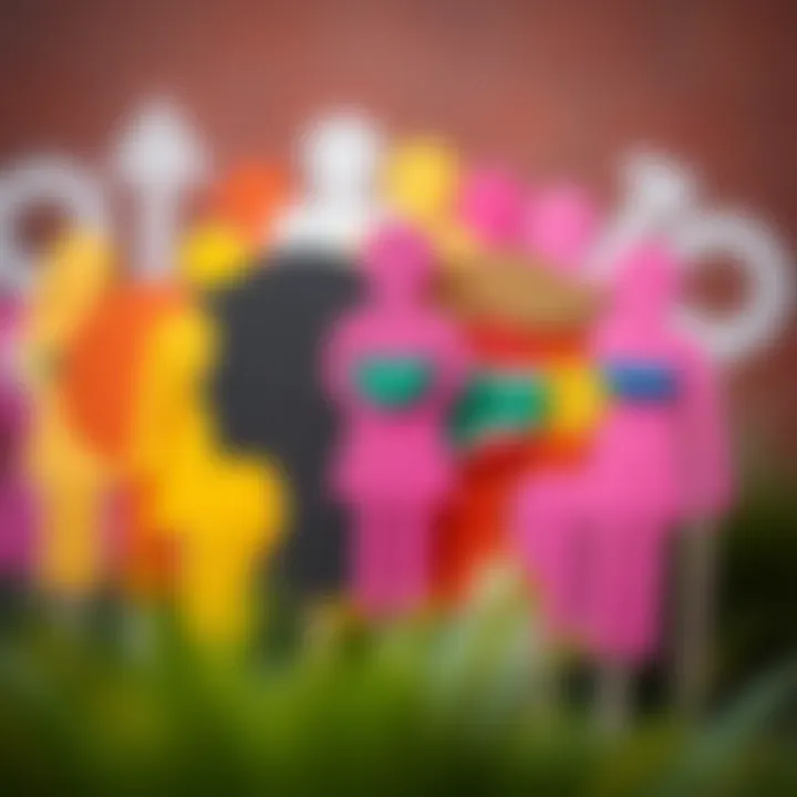 Colorful representation of diverse gender identities symbolized by various gender signs blending together