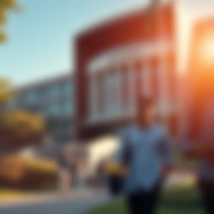 University campus building with students walking on a sunny day representing higher education in risk management