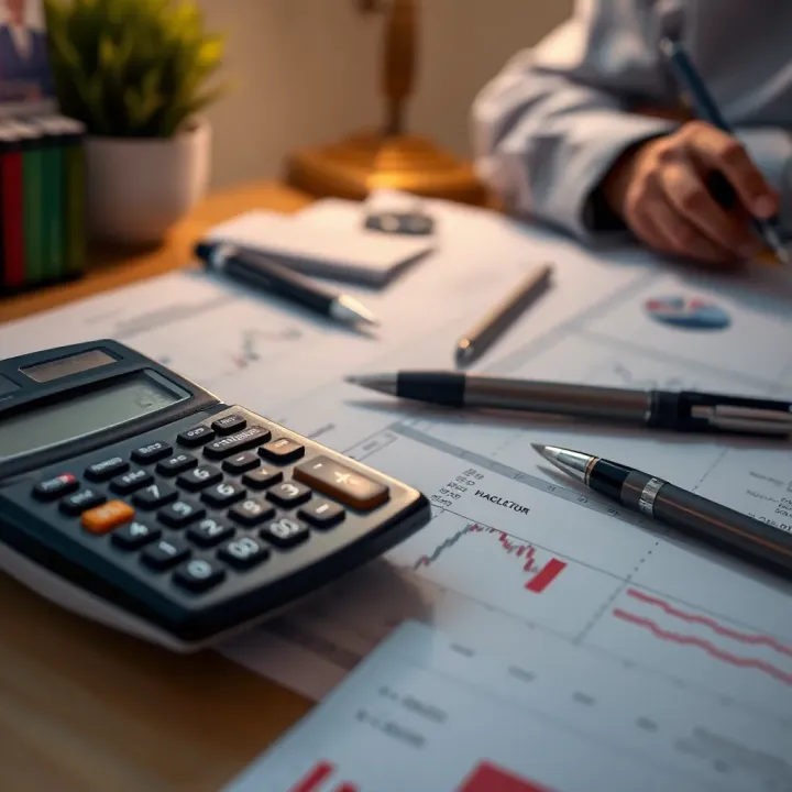 Detailed calculation of forex tax liabilities with documents and calculator on a desk