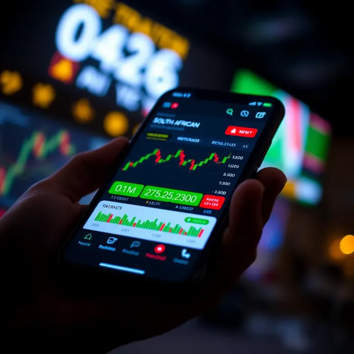 Smartphone displaying a financial trading app interface with South African Rand currency charts