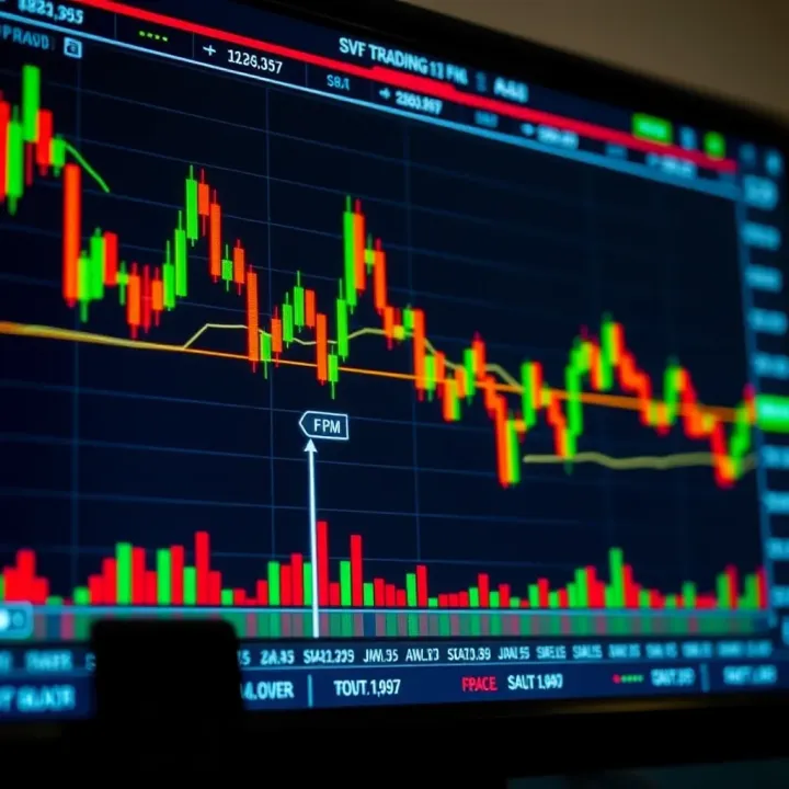 Graph showing forex currency pair fluctuations with trading indicators on screen