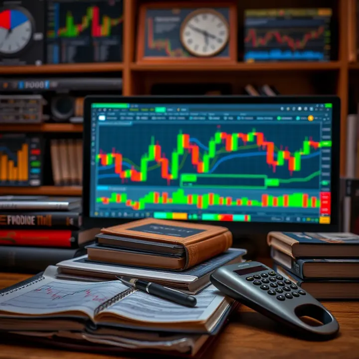 Illustration of trading tools and resources including charts, books, and computer with forex platform