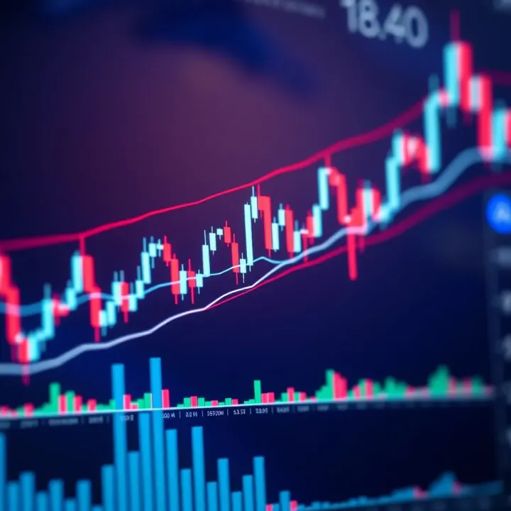 Candlestick Chart Illustrating Forex Price Trends Candlestick chart displaying forex price movements with trend lines and volume indicators