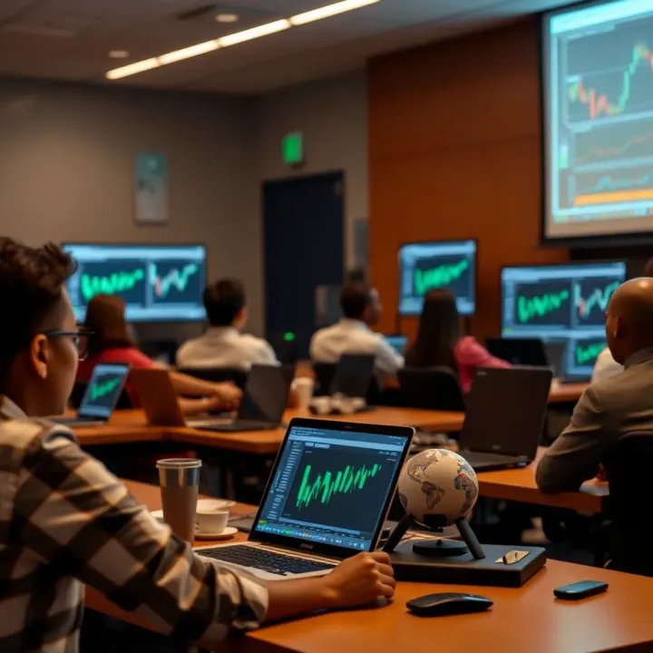 Classroom setting with students engaging in forex trading lessons using laptops and charts