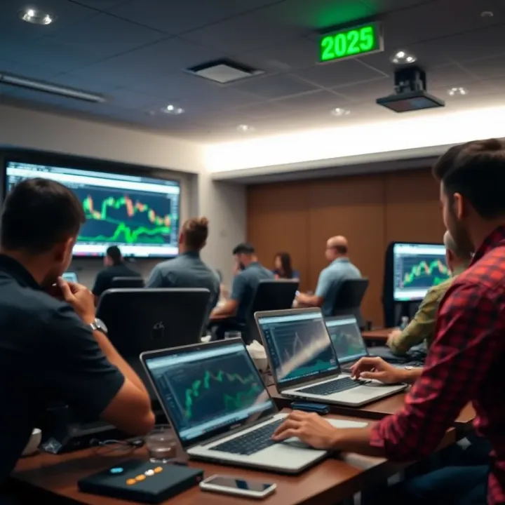 Classroom setting with students learning forex trading concepts on laptops