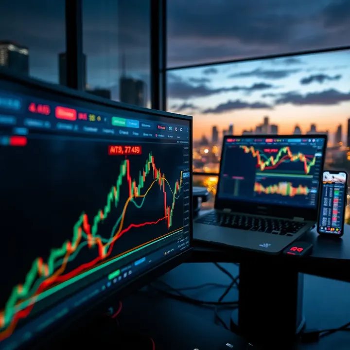 Graph showing forex market trends on digital screens with Johannesburg city skyline