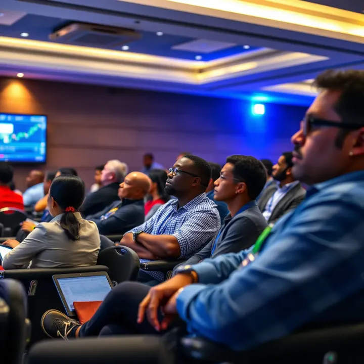 A bustling seminar room in Durban with attendees focused on a forex trading presentation