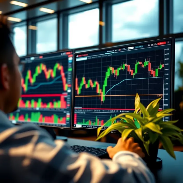 Analyzing Forex Trading Charts and Indicators A digital screen showing multiple forex trading charts and indicators