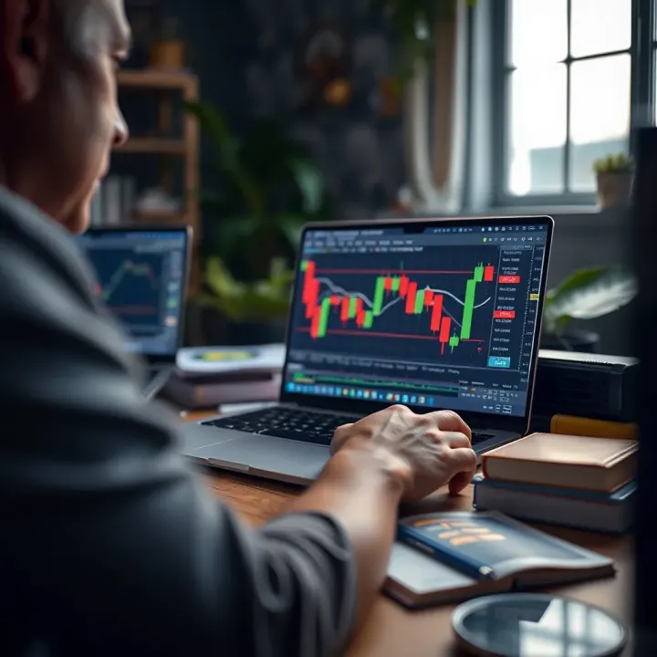 Engaging with Forex Trading Video Tutorials for Skill Development Person using laptop with forex trading platform open, surrounded by educational materials