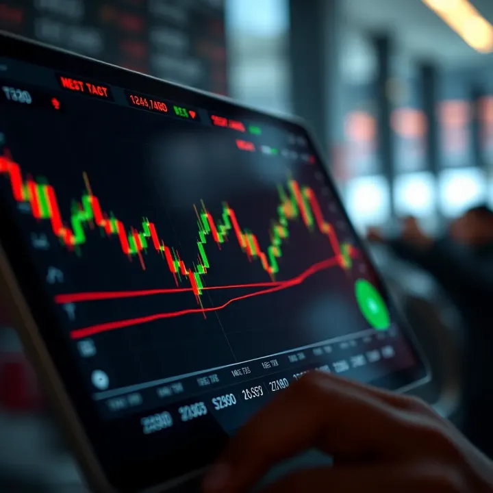 Graph showing currency price movements and trading signals on digital device