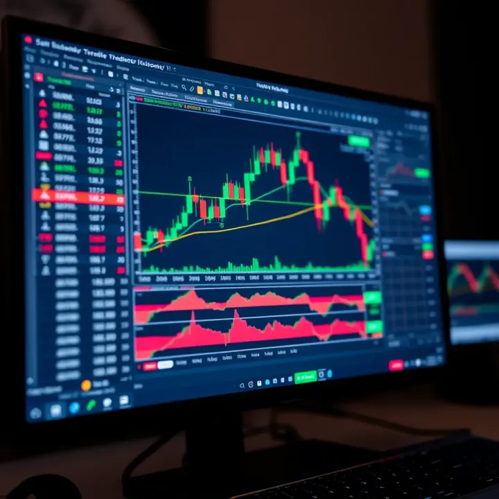 Computer screen displaying forex trading platform with currency charts and indicators