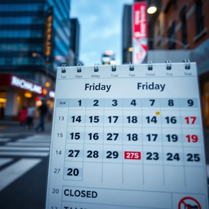 Calendar highlighting public holidays with closed days marked