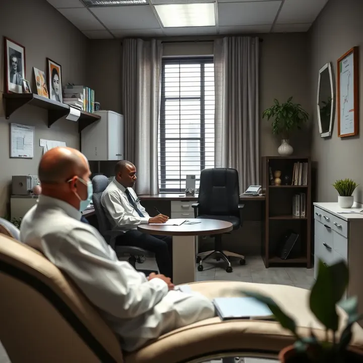Patient consultation with Dr Le Roux inside a well-equipped medical office