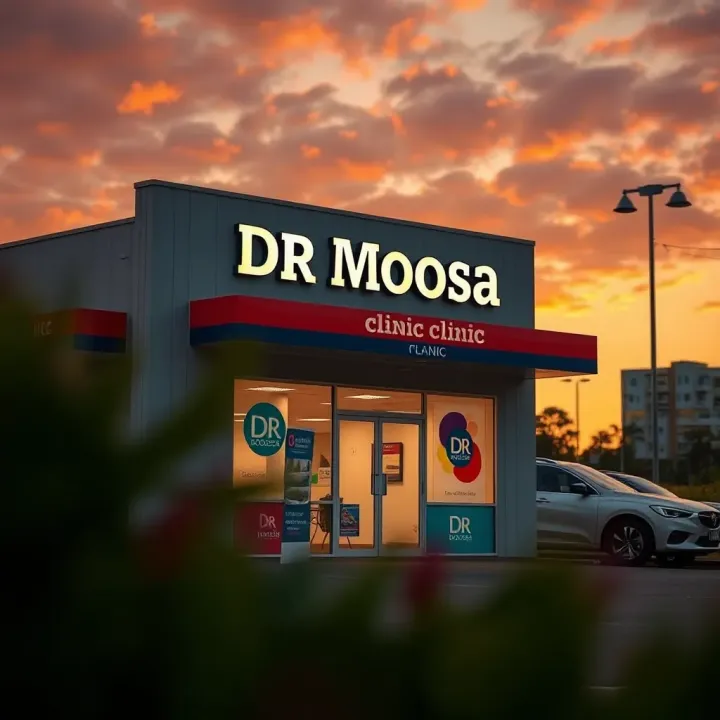 Exterior view of Dr Moosa clinic in Grassy Park at sunset with clear signage