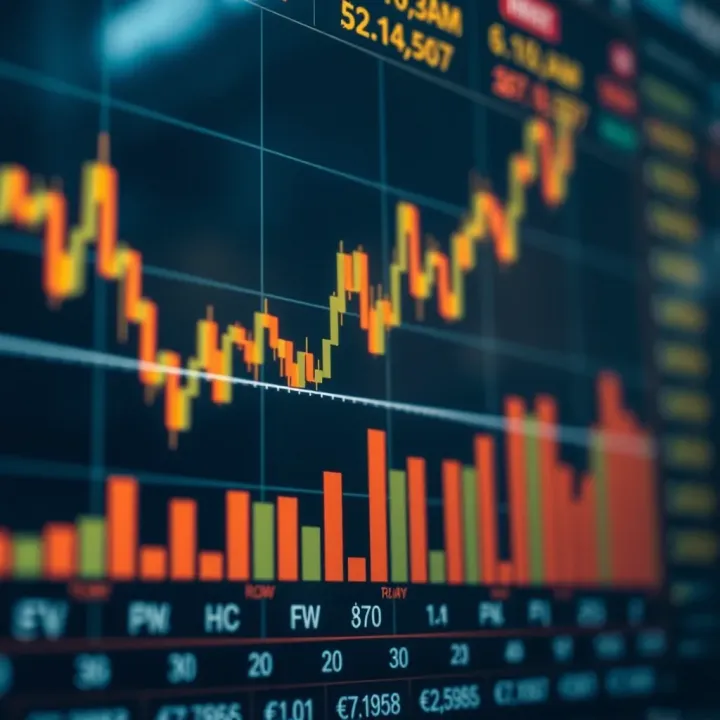 Graph showing upward trend with forex currency symbols and indicators