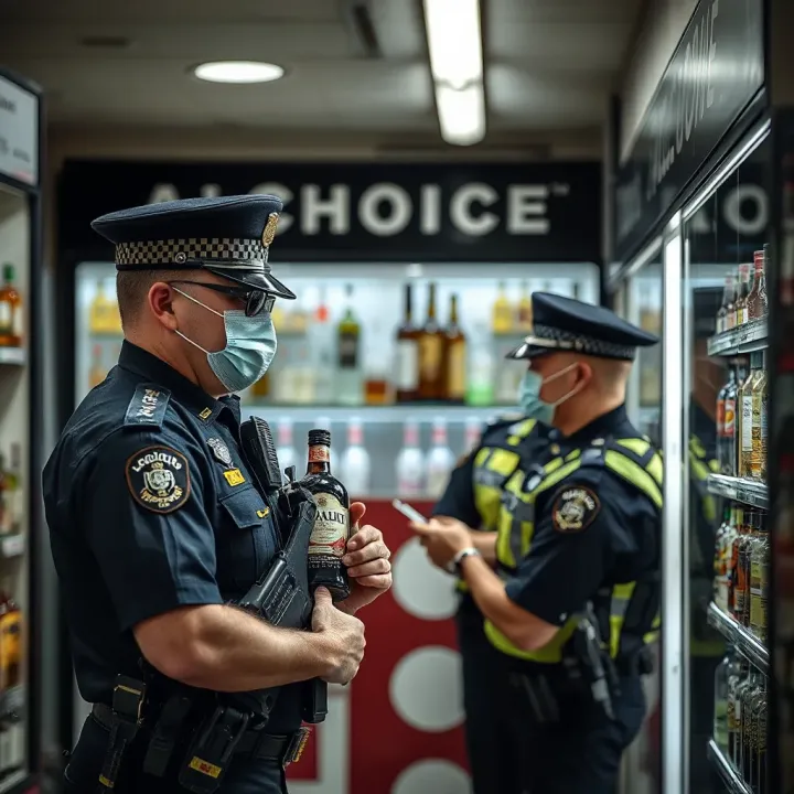 Enforcement of Alcohol Sale Restrictions During Lockdown Police officers enforcing alcohol sale restrictions at a retail outlet amidst lockdown measures