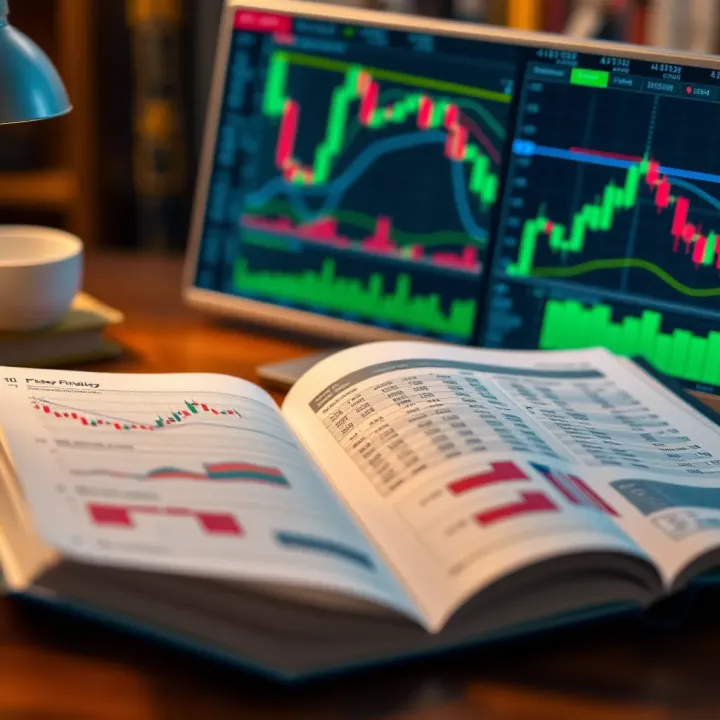 Open book showing forex trading charts and graphs on a wooden desk