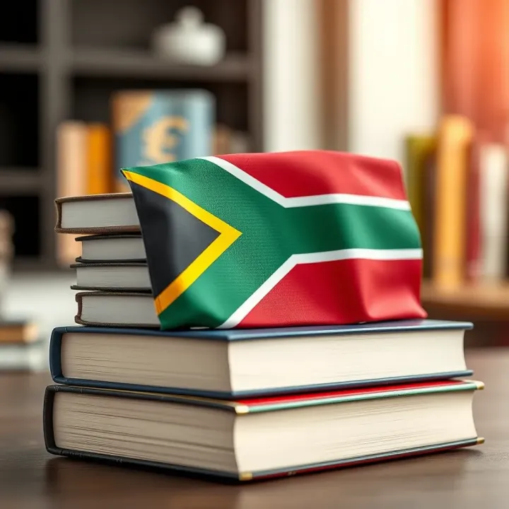 Stack of forex trading books with a South African flag and currency symbols