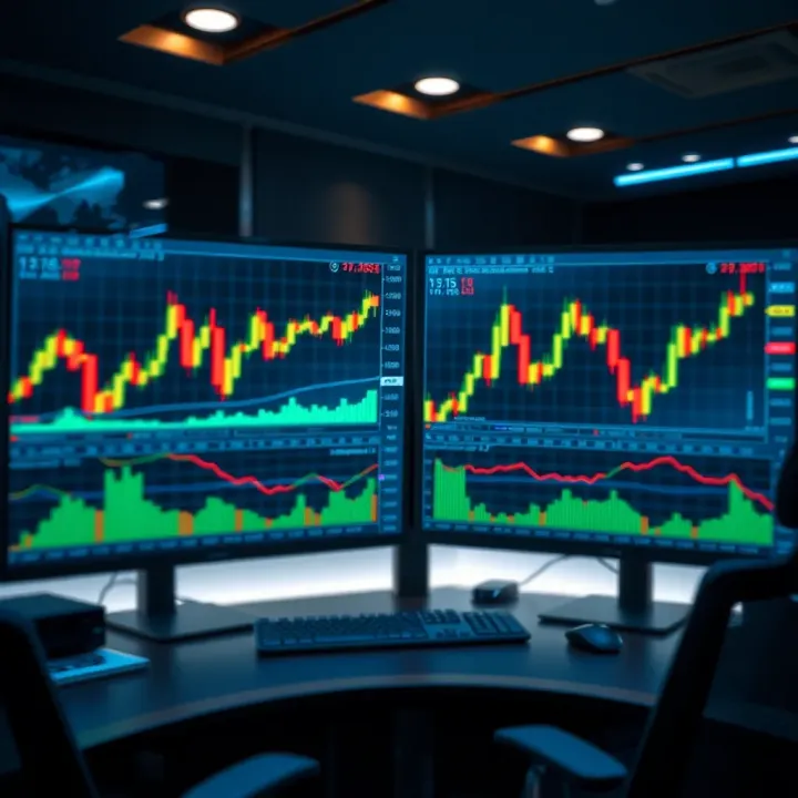 Dynamic forex market charts displayed on a dual monitor setup in a sleek trading room