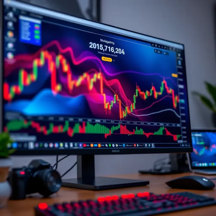 Motivational Forex Chart Setup with Engaging Wallpaper Close-up of a computer screen showing dynamic forex market graphs enhanced by a vibrant, motivational wallpaper to boost trader focus
