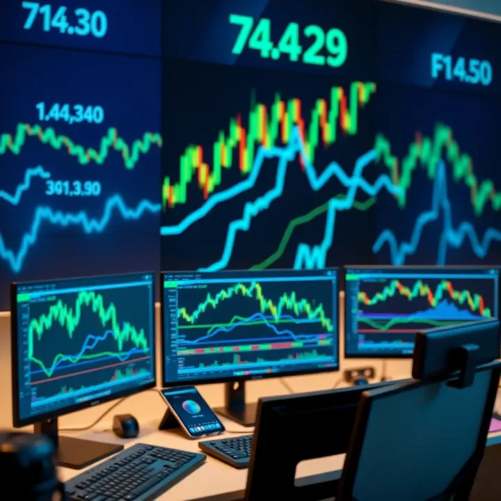 A sleek trading workspace featuring multiple monitors displaying forex charts with calming blue and green trading wallpaper in the background