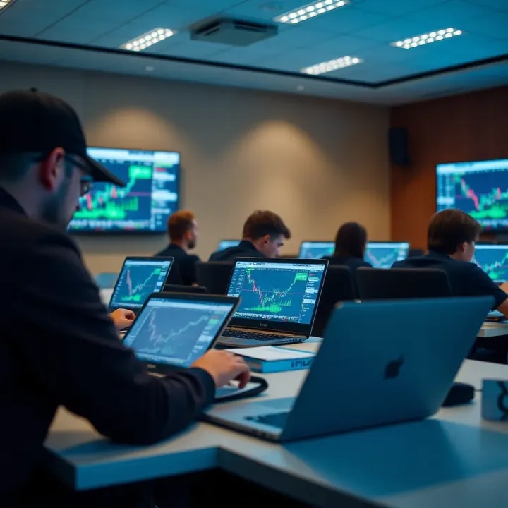 A classroom setting with students attentively learning forex trading concepts on laptops