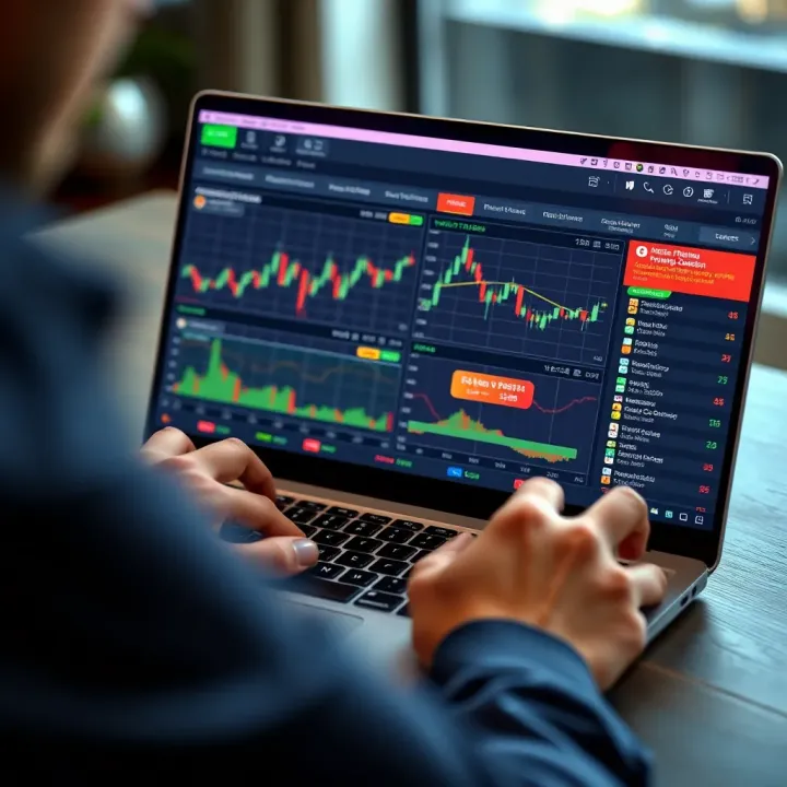 A person comparing online forex course options on a laptop screen with charts and educational content