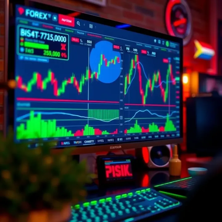 Digital screen showing forex market charts and risk analysis tools