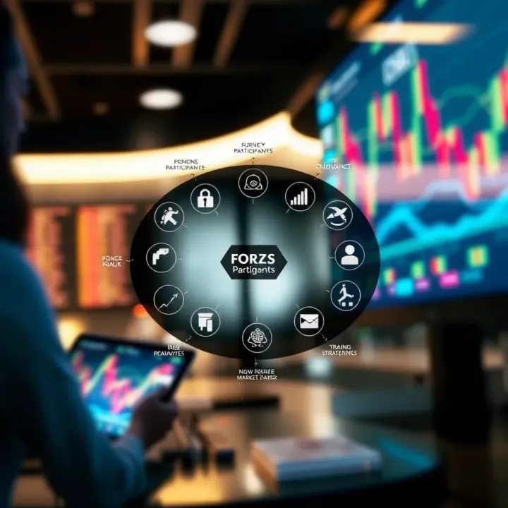 Forex Market Participants and Trading Strategies Overview Diagram depicting various forex market participants and trading strategies within a dynamic market environment