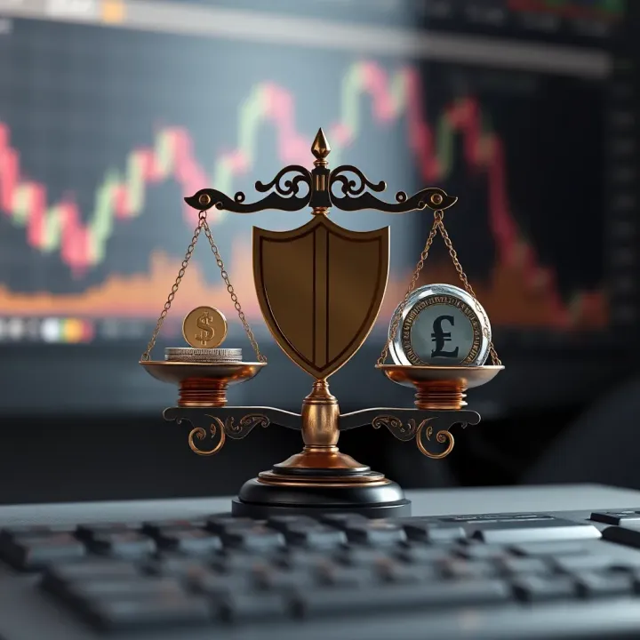 Risk management concept illustrating balance scale with currency symbols and protective shield