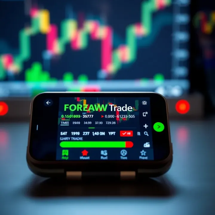 Smartphone screen displaying a popular forex trading app interface with charts and currency pairs