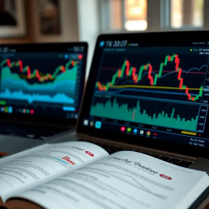 Open book showing forex trading charts and graphs with a laptop in the background