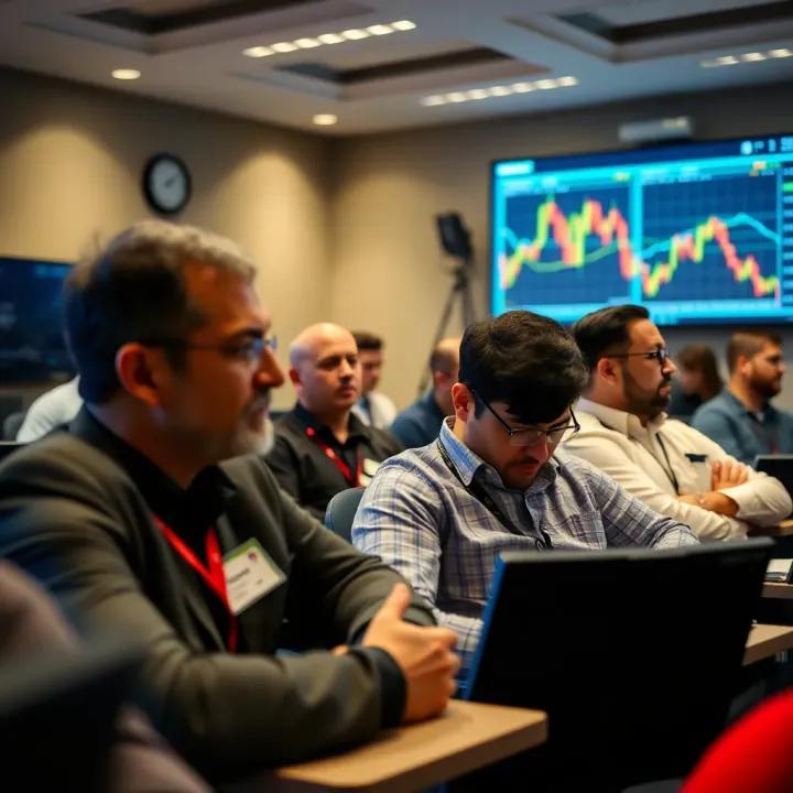 A classroom setting with traders learning forex strategies and market analysis
