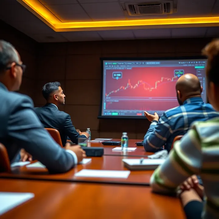 Classroom setting featuring a forex expert explaining trading strategies to attendees using a projector