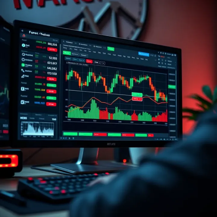 Computer screen displaying forex trading platform with charts and graphs