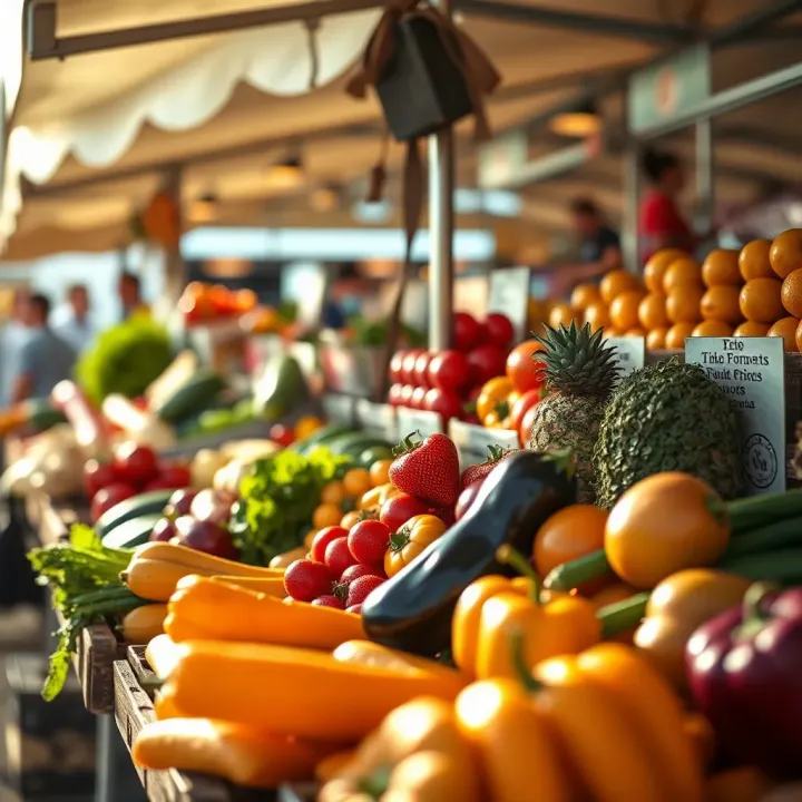Fresh fruits and vegetables displayed at an outdoor park market stall under natural sunlight