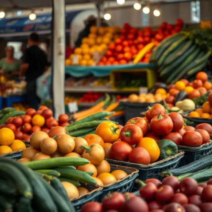 Fresh assortment of fruits and vegetables displayed at a lively outdoor market in Somerset West