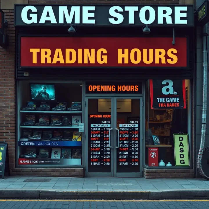 Exterior view of a game store in South Africa with clear opening hours displayed on the door