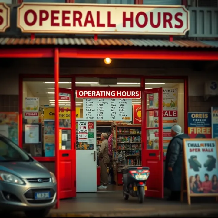 Exterior of a general store with open doors and visible operating hours sign in a South African town