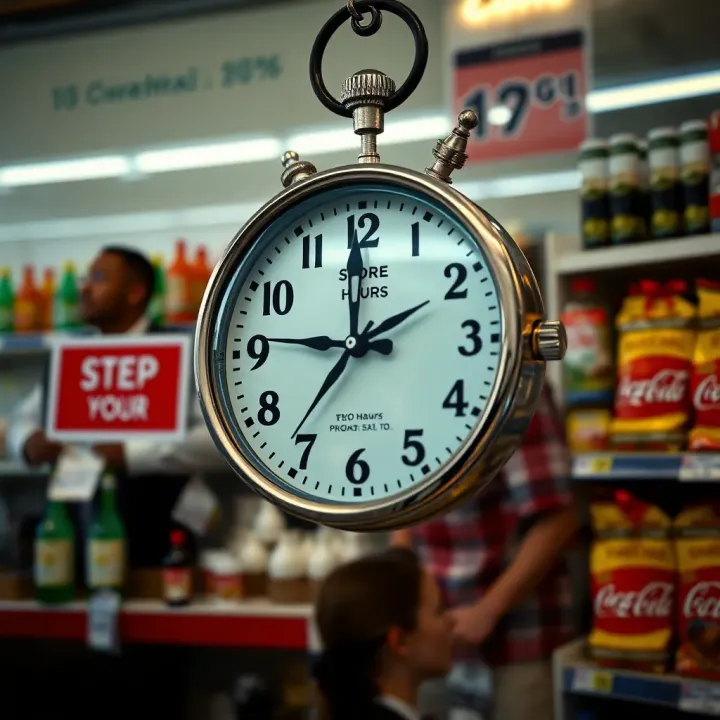 Clock showing store opening hours in a Port Elizabeth general store