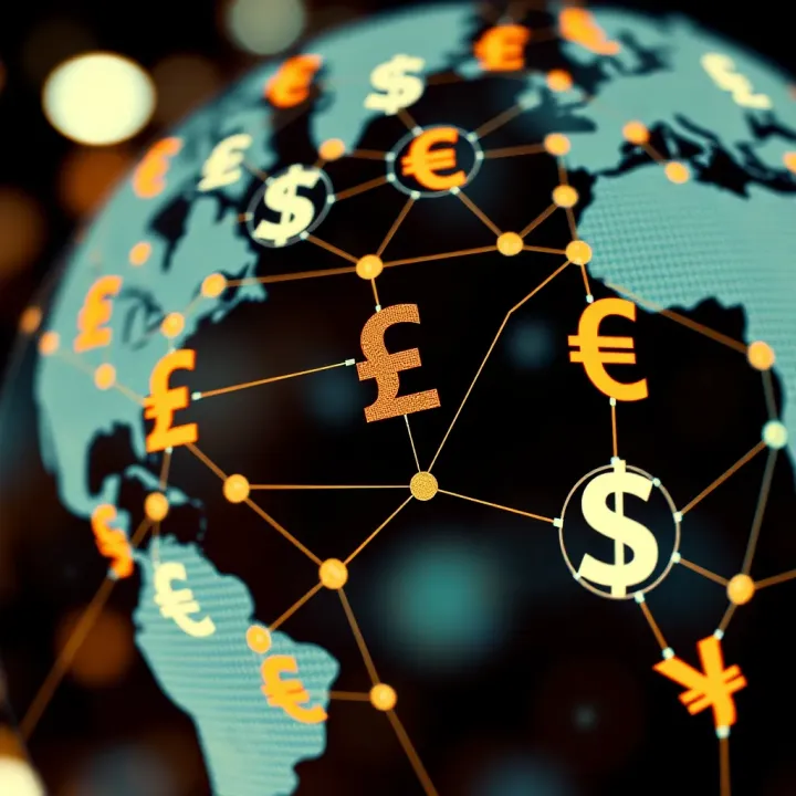 Illustration showing global currency symbols interconnected by a digital network symbolizing international forex trading