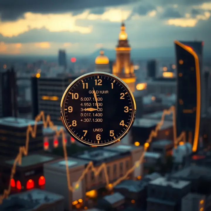 Clock showing South African gold market trading hours with Johannesburg cityscape in the background