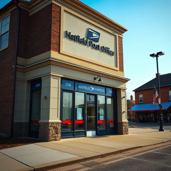 Exterior view of the Hatfield Post Office building with clear signage