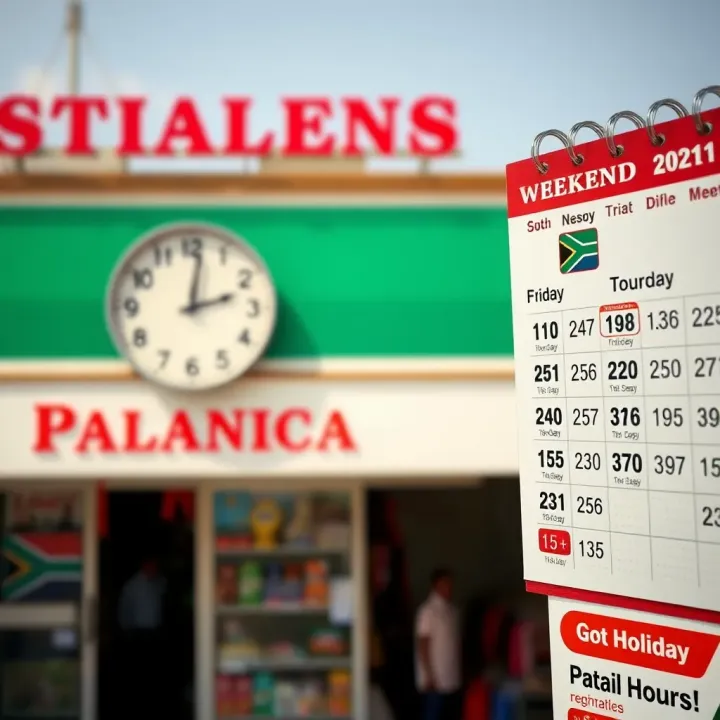 Clock and calendar highlighting holiday and weekend dates alongside a small retail store in South Africa