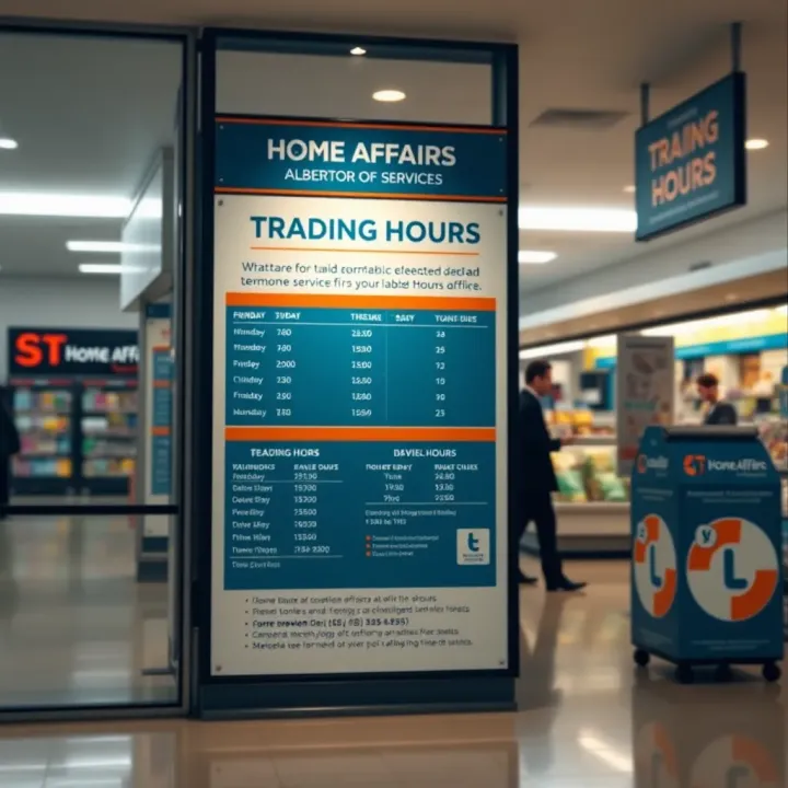 Informational board displaying the trading hours and services available at the Alberton Home Affairs location