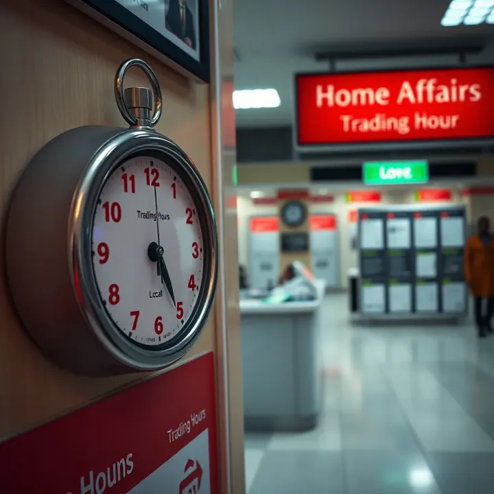 Clock showing local time next to Home Affairs service counter with informational posters