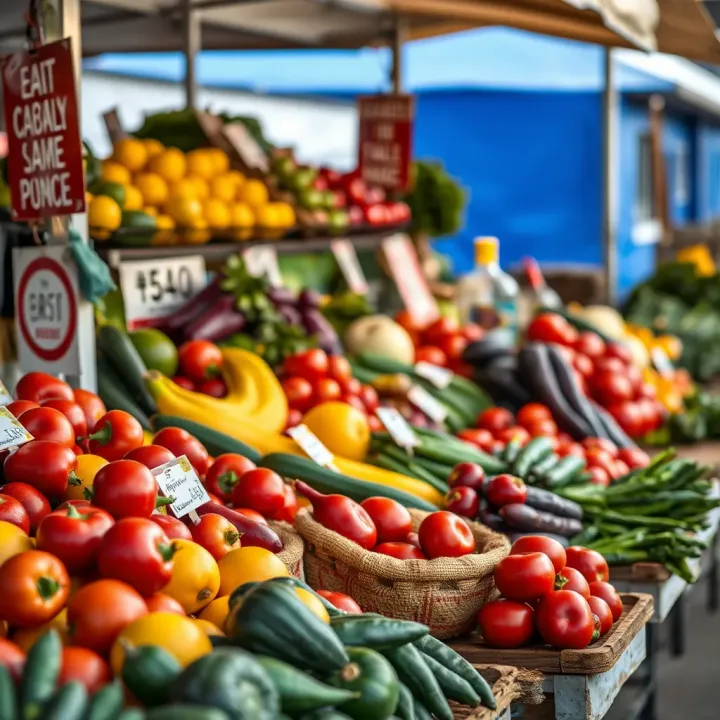 Colorful fresh fruits and vegetables displayed at an outdoor market stall in Knysna