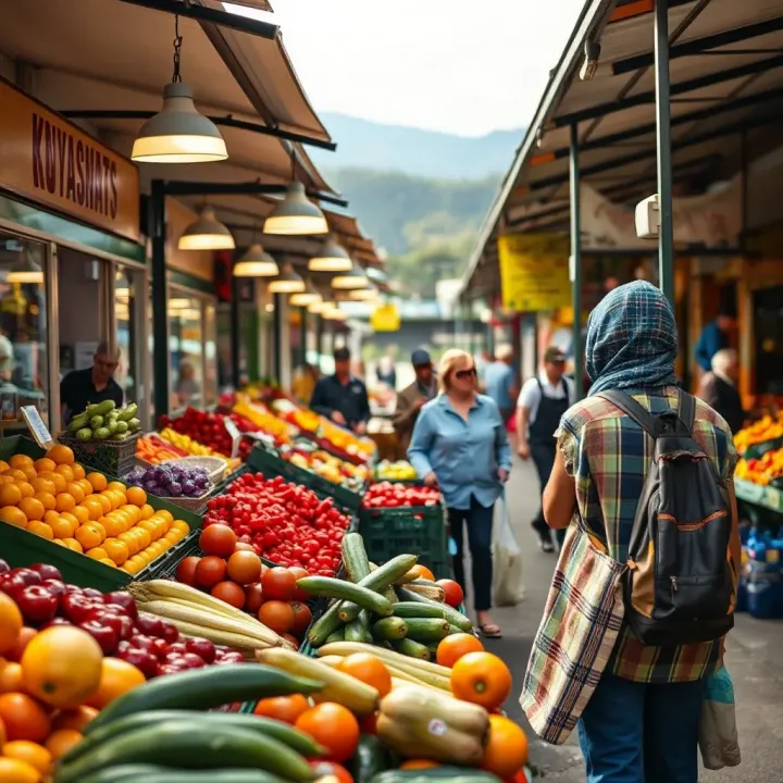 Busy local fruit and vegetable market with shoppers browsing during early morning hours