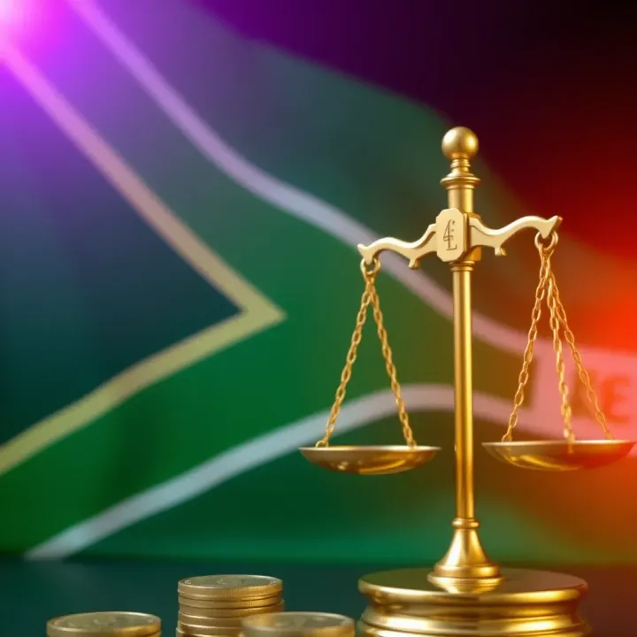 South African flag with currency symbols and legal scales representing forex trading regulation